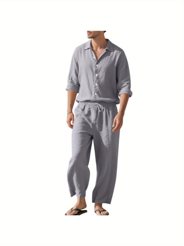 1 set (2 pack) men's button lapel long sleeve shirt and pants set breathable fabric, elastic waistband drawstring perfect for beach vacations, outdoor adventures, summer travel, daily leisure sizes s to xxxl