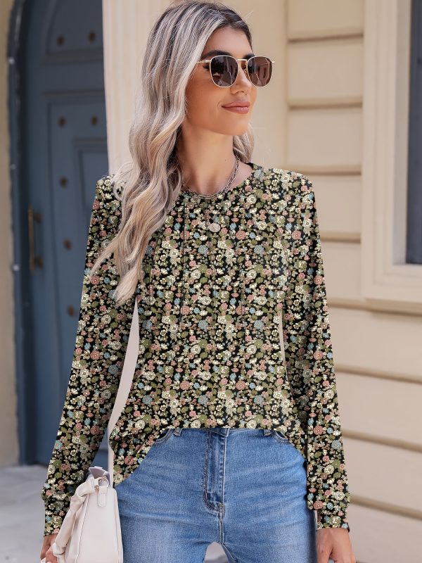 women's casual small floral round neck chest pleated versatile basic long sleeved top