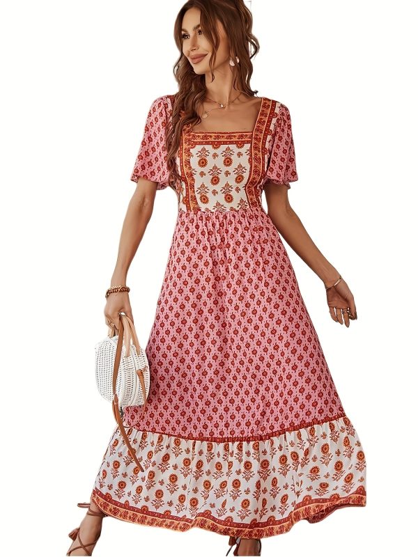 french printed square neck dress