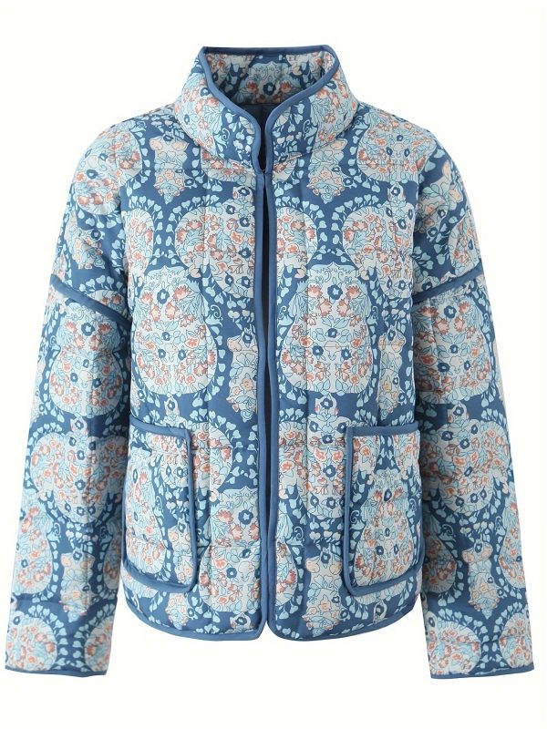women's floral print quilted jacket loose fit long sleeve stand collar casual outerwear with pockets, brown & blue design, perfect for fall, autumn jacket | floral print jacket | quilted texture