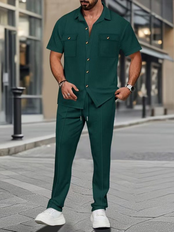 new european and american men's short sleeve shirt set with a collar, featuring a simple classic solid color design. this casual short sleeve shirt and long pants set is perfect for vacation, leisure, daily street wear, and outdoor activities.
