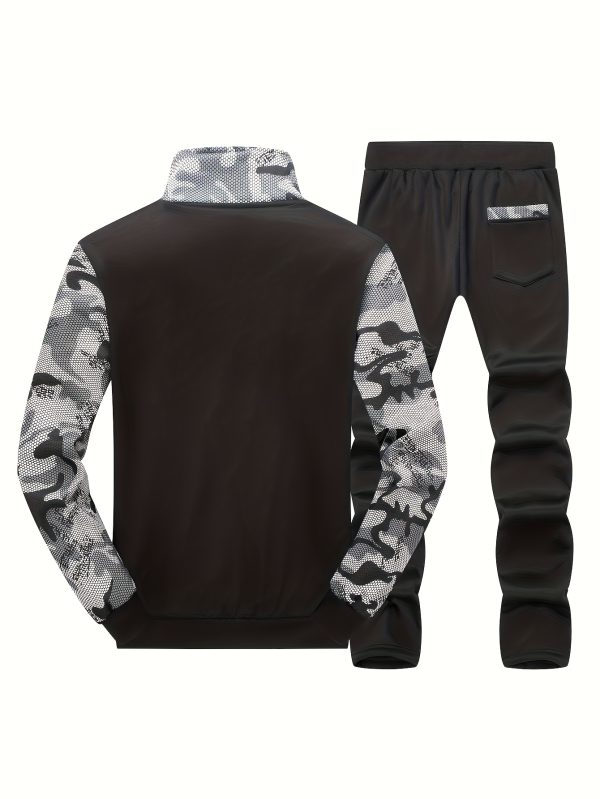 men's camouflage hoodie, spring and autumn long sleeved casual sports suit, fleece hoodie two piece set, stand up collar cardigan