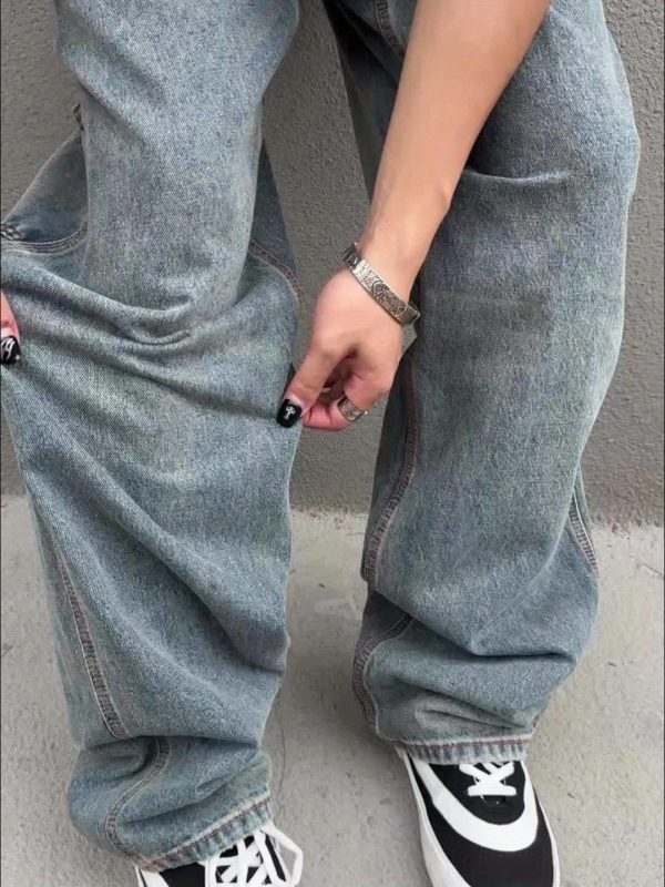 men's vintage carpenter jeans y2k streetwear loose fit wide leg cargo denim with geometric pattern, mid rise, machine washable & super long length for all season casual wear, urban fashion, retro style, classic wash, urban style