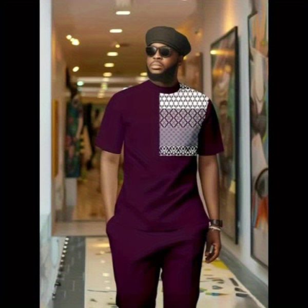 european and american style men's fashionable short sleeved pants set, round neck pattern, indian style, suitable for men's fashionable outdoor wear