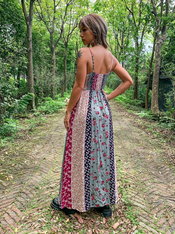 women's printed high waist long dress spaghetti strap suspender dress bohemian style clothing