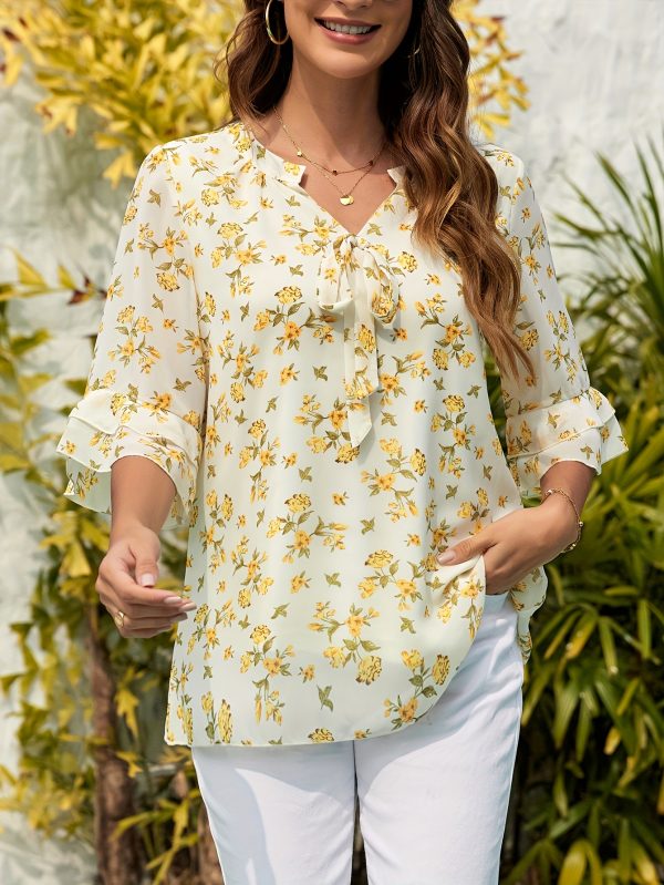 women summer tops shirts, formal chiffon, bow embellishments, layered bell sleeves, cinched waist, double chiffon, loose pleated, v neck, casual work, floral tunic shirt top