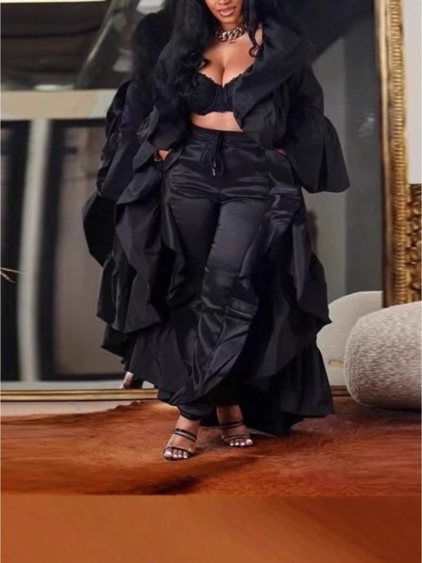 new women's ruffled shawl trench coat for autumn 2025 | solid color long design, elegant and atmospheric, suitable for commuting, going out, parties and other occasions, showcasing french romantic temperament