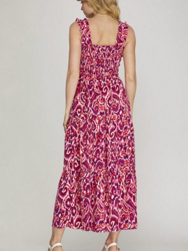 womens casual bohemian chic ruffle strap abstract print smocked maxi dress flowing pink purple pattern square neck sleeveless full length lightweight summer beach vacation party
