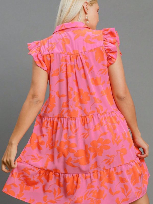 womens casual summer floral chic ruffled shoulder tiered babydoll mini dress pink orange abstract flower print sleeveless high neck flowy lightweight beach vacation party sundress