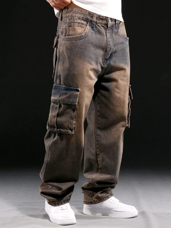 men's heavy duty workwear jeans straight leg fit with multiple utility pockets | all season industrial & everyday pants | machine washable vintage cargo jeans for men
