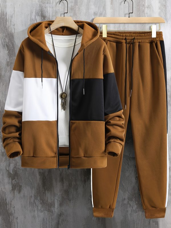 men's clothing, two piece contrasting long sleeved zipper hooded jacket and drawstring pants, suitable for outdoor wear