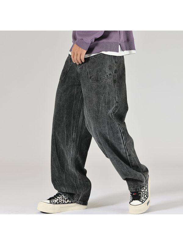black washed vintage jeans men, small scimitar loose fit, trendy, large pocket design, high street dirty pants