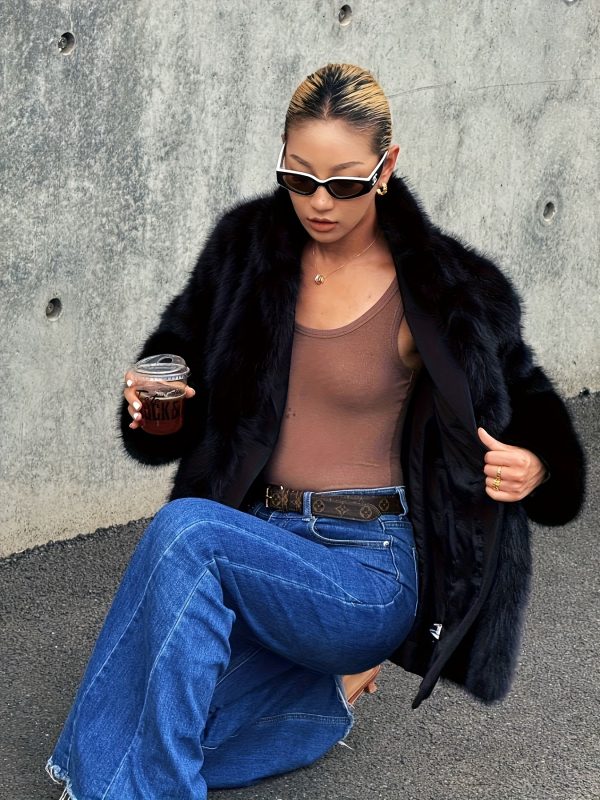 elegant women's autumn and winter new style black fox fur coat, and warm thick fur mid length outerwear, fashionable holiday outfit.
