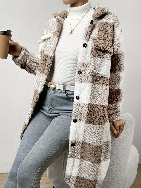women's long sleeve plaid coat windbreaker black & white checkered pattern, cozy fleece lined winter jacket with pockets, casual style for cold weather, cozy winter wear | checkered pattern coat | functional pockets