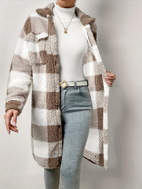women's long sleeve plaid coat windbreaker black & white checkered pattern, cozy fleece lined winter jacket with pockets, casual style for cold weather, cozy winter wear | checkered pattern coat | functional pockets