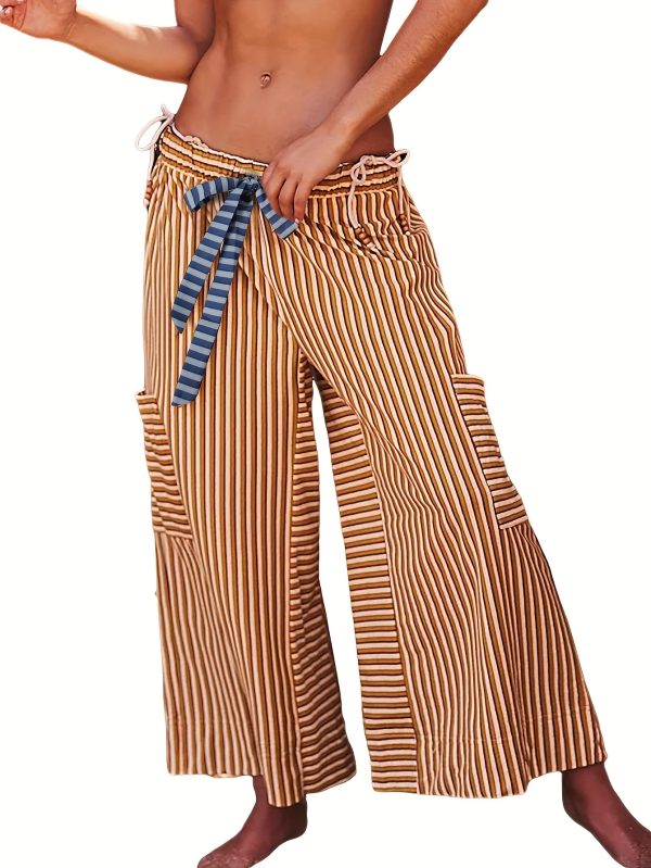 women's lightweight loose wide leg palazzo pants casual elastic drawstring waist with dropped pockets, green & white striped 100% polyester trousers for springu002fsummer outings, spring attire, fashionforward look, comfortable fit