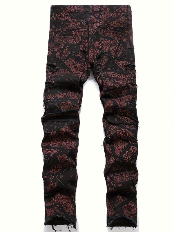 men's elastic waist straight leg loose fit jeans with red paisley print & frayed hem streetwear style, machine washable, all season comfort, casual streetwear