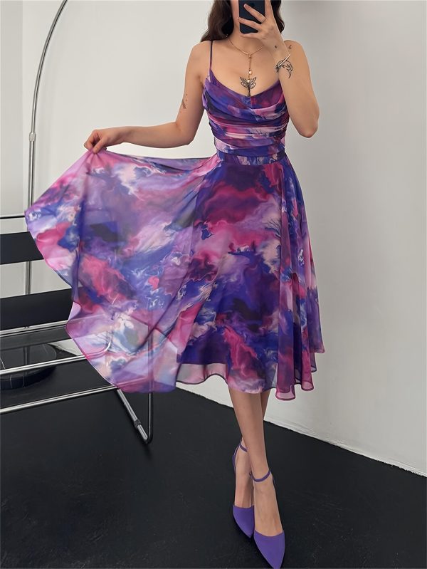 chicme women's deep purple tie dye spaghetti suspender dress v neck ruffle hem a line mini dress with thin straps, all season versatile party & casual outfit, spaghetti suspender dress, allseason attire, ruffle hem design, flowy fabric