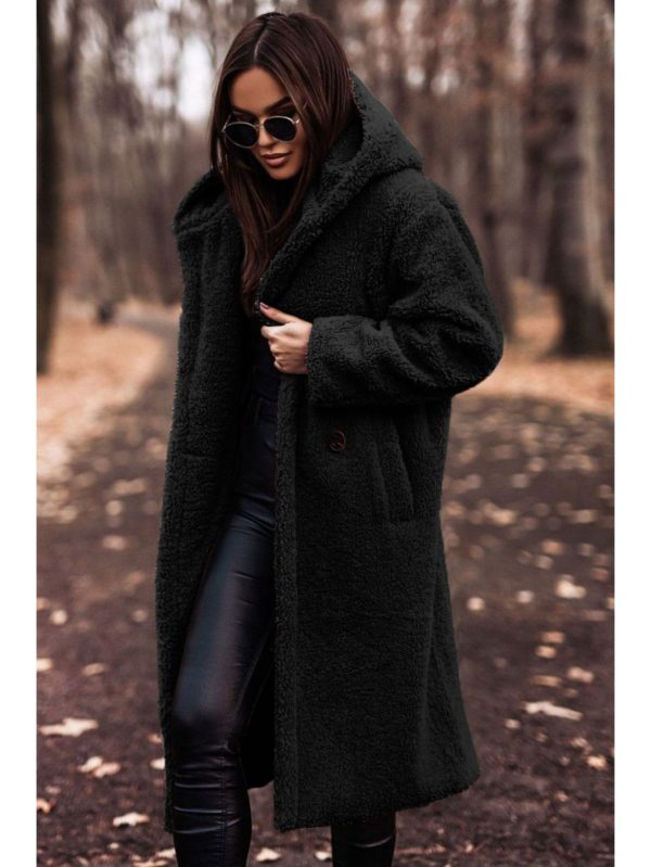 women's 2025 fall winter hooded fleece coat oversized mid length long sleeve solid color jacket with pockets, soft warm cozy outerwear for daily wear, casual to semi formal outfits (machine washable, no stretch fabric) white & neutral tones available