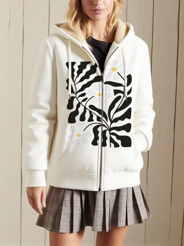 women's casual sherpa lined hoodie jacket with vibrant zebra & floral print, full zip up, white, all season comfort, casual outerwear | floral print hoodie | sherpa lined jacket