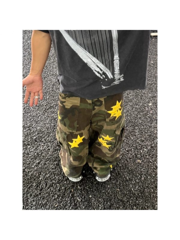 men's vintage star camouflage cargo faux denim retro hip hop style, loose fit wide leg pants with adjustable drawstring waist, mid rise design, perfect for casual outings, casual wear faux denim | vintage style pants | durable fabric faux denim