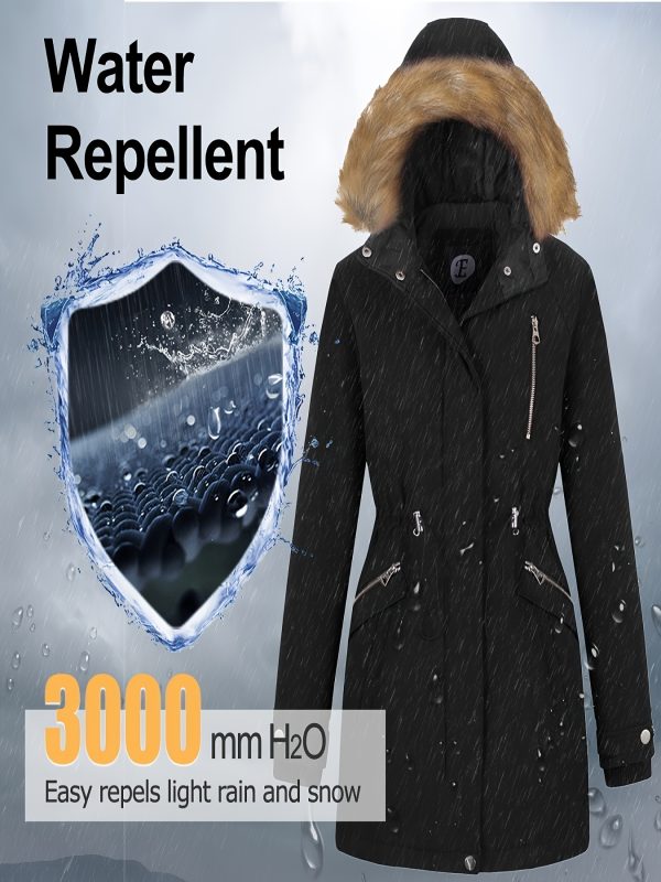 women's hooded winter parka coat with removable faux fur trim, windproof puffer jacket, hip length with multiple pockets, cozy insulated for outdoor and everyday use, multi function pockets
