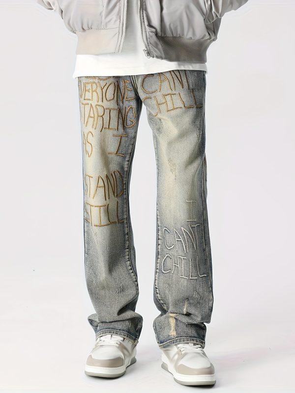 men's distressed blue straight leg jeans with embroidered