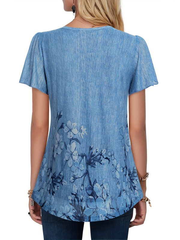 women's elegant floral print v neck blouse short sleeve, semi sheer mesh fabric, perfect for springu002fsummeru002ffall, machine washable, floral print blouse