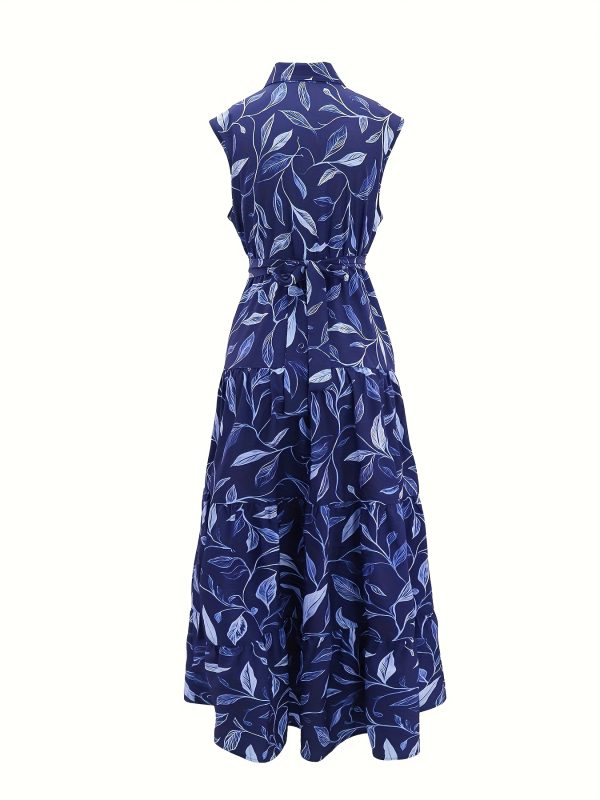 women's casual sleeveless a line dress with button front waist & belted waist navy blue floral print, lightweight summer vacation dress for beach, pool, or casual outings, beach dresses, poolside attire, nontransparent fabric