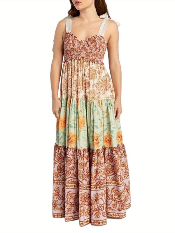 women cami dress floral print tie up shoulder straps sleeveless dress long dress summer big swing a line dress