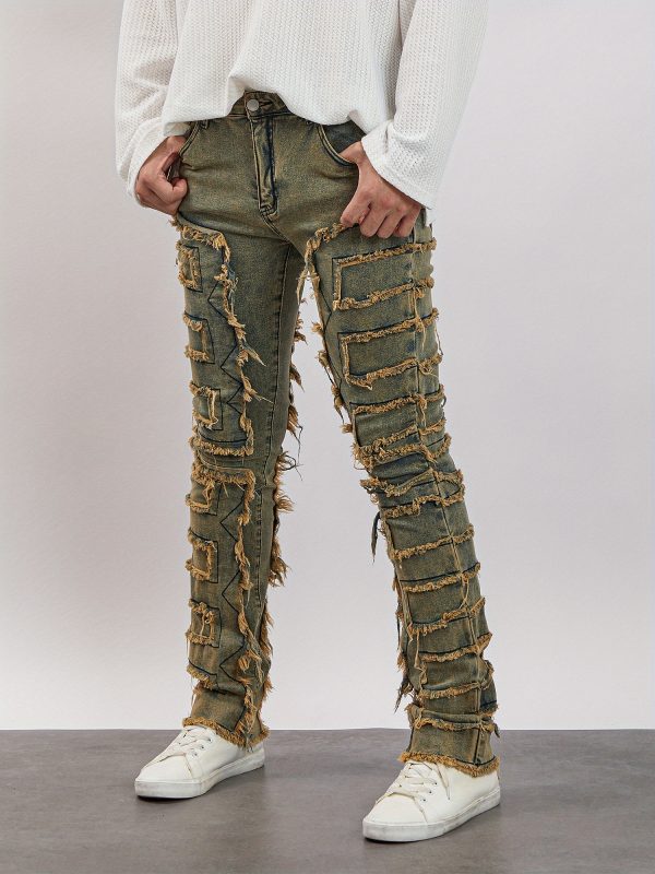 men's slim fit vintage patched distressed denim trousers for casual wear in spring and fall, featuring pockets.