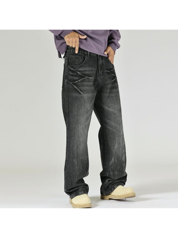 men's vintage faux denim with a black wash, featuring a straight loose fit, stylish large pockets, and a trendy distressed look.
