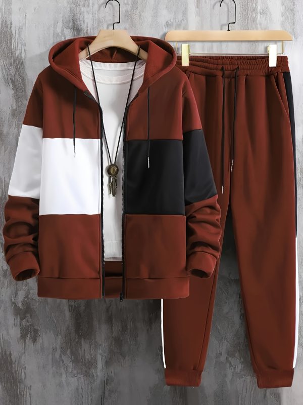 men's clothing, two piece contrasting long sleeved zipper hooded jacket and drawstring pants, suitable for outdoor wear