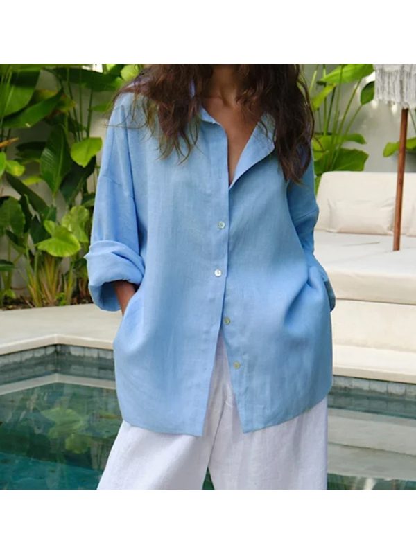 women's solid navy blue lapel collar shirt loose fit long sleeve single breasted button front, classic pointed collar & structured chest pocket, casual to semi formal versatile blouse for spring summer fall, comfortable everyday & special occasion wear