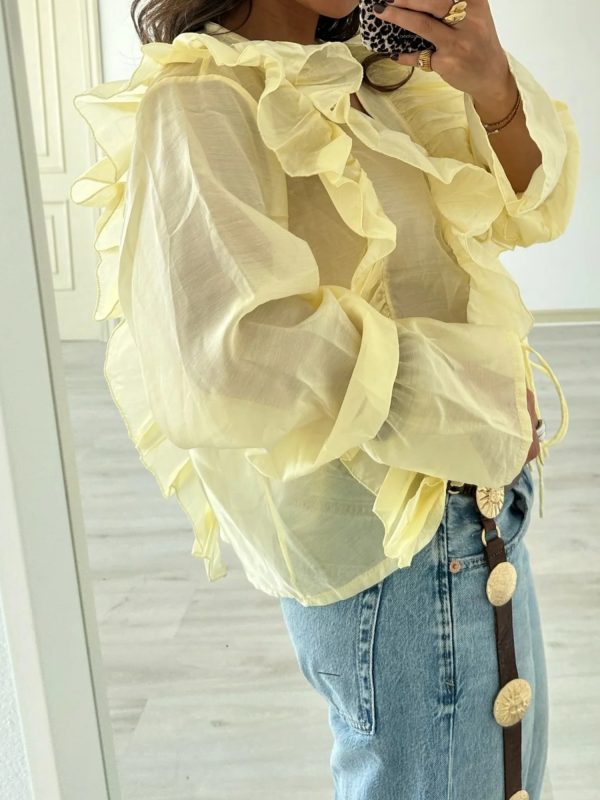 women's elegant ruffled multi layered chiffon blouse v neck long sleeve semi sheer top with layered ruffles, lightweight springu002ffall shirt in soft pastel colors (machine washable) for casual & formal outfits