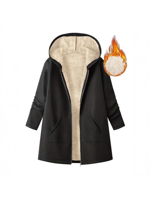 women's mid length hooded jacket cozy fleece lined casual outerwear with zipper closure, loose fit, solid color, long sleeve, perfect for fallu002fwinter, cozy fall jacket | hooded sweater | zippered jacket