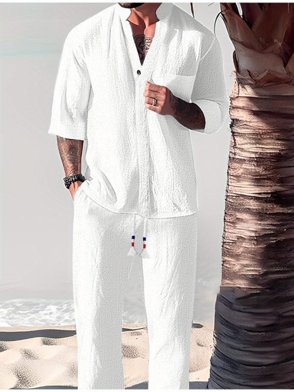 men's casual fashion long sleeved suit collar pants two piece set, suitable for casual wear on the go, white and simple, is a must have two piece tuic for men