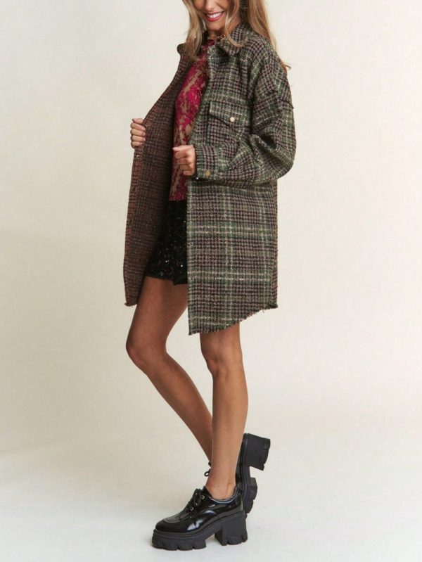 women's casual jacket vintage snap down tweed plaid contrast longline shacket misty forest long sleeve button down oversized fit frayed hem comfy and stylish perfect for springu002ffallu002fwinter layering everyday wear
