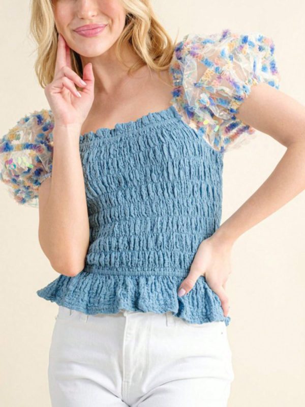 womens casual smocked romantic chic floral mesh puff sleeve ruched peplum top blue sweetheart neckline fitted bodice shirred texture spring summer date night party blouse