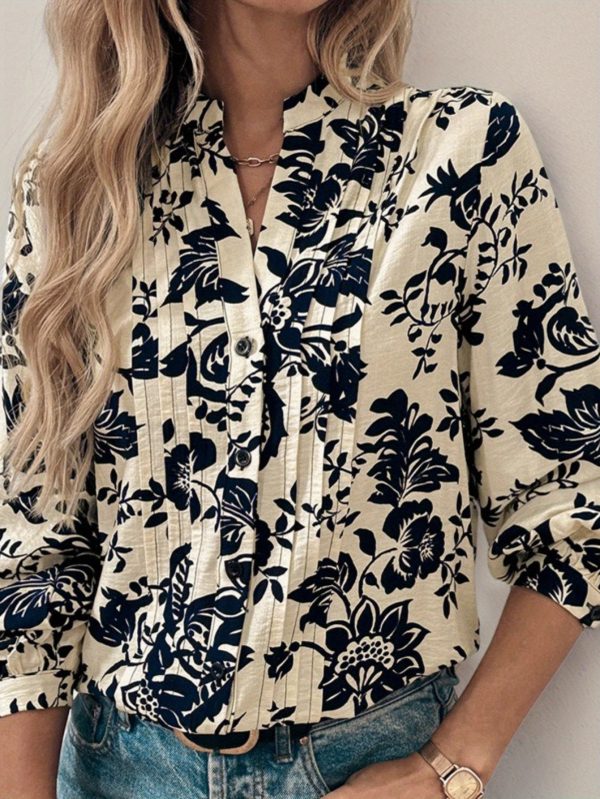 women's elegant floral print blouse with v neck and ruffled sleeves casual chic top for all seasons, casual chic wear | floral print blouse | ruffled sleeves, ladies blouses