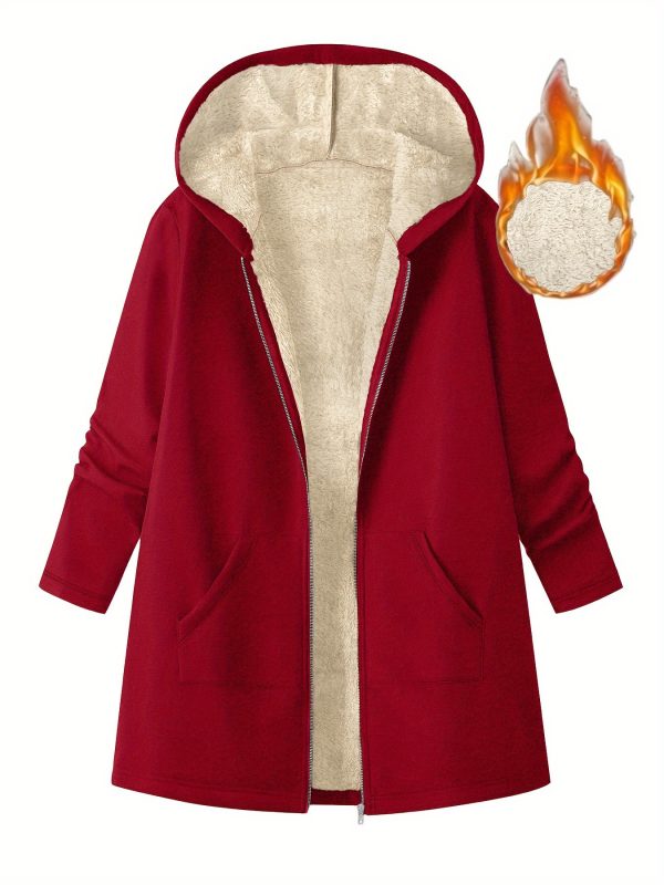 women's mid length hooded jacket cozy fleece lined casual outerwear with zipper closure, loose fit, solid color, long sleeve, perfect for fallu002fwinter, cozy fall jacket | hooded sweater | zippered jacket