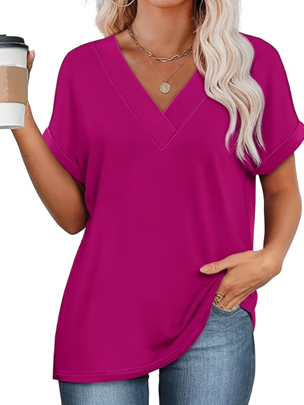 women's tops short bat sleeve shirt fashionable v neck clothing, casual and versatile