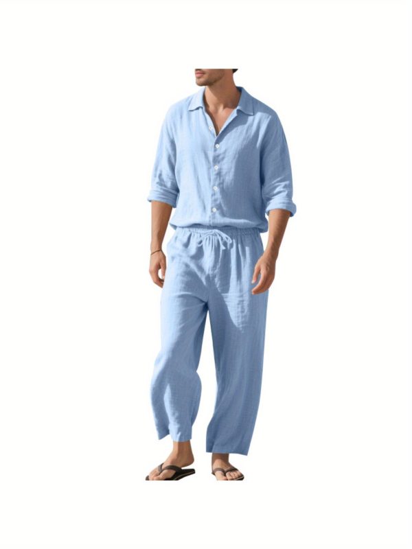 1 set (2 pack) men's button lapel long sleeve shirt and pants set breathable fabric, elastic waistband drawstring perfect for beach vacations, outdoor adventures, summer travel, daily leisure sizes s to xxxl