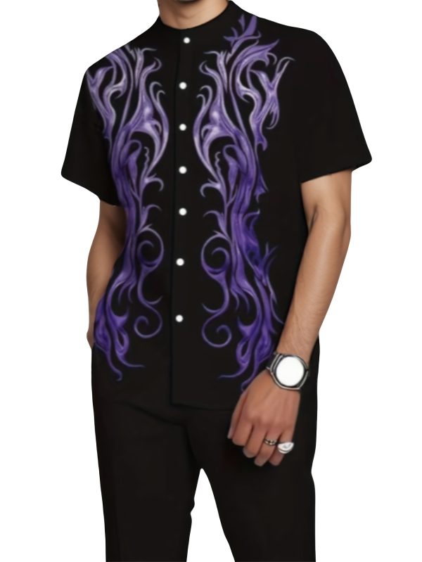 men's slim fit short sleeve shirt and pants suits, polyester fiber woven flame stamp and button, henry collar sets, solid color elastic drawstring waist and pockets men's casual tracksuits, for events and dates