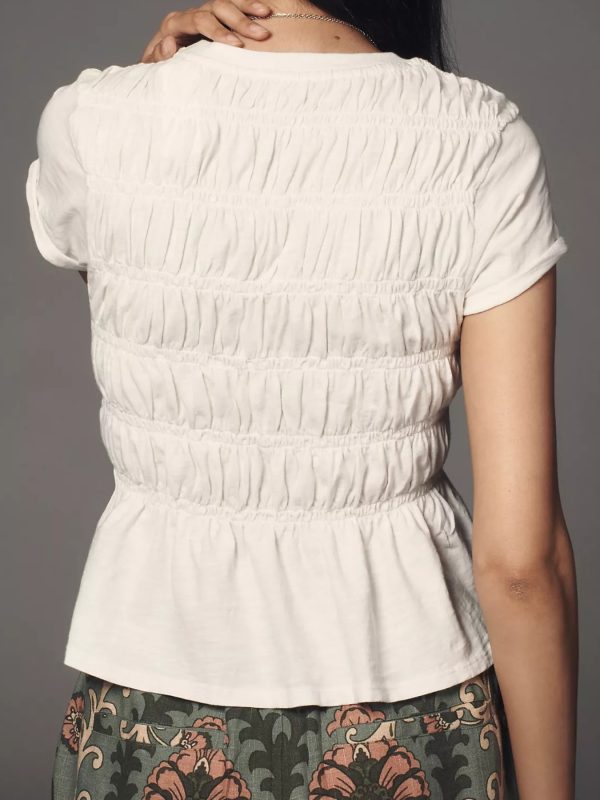 women's elegant smocked summer short sleeve top slim fit ruffle hem & cap sleeve blouse with shirred neckline, round neck casual to semi formal shirt, machine washable solid color going out blouse