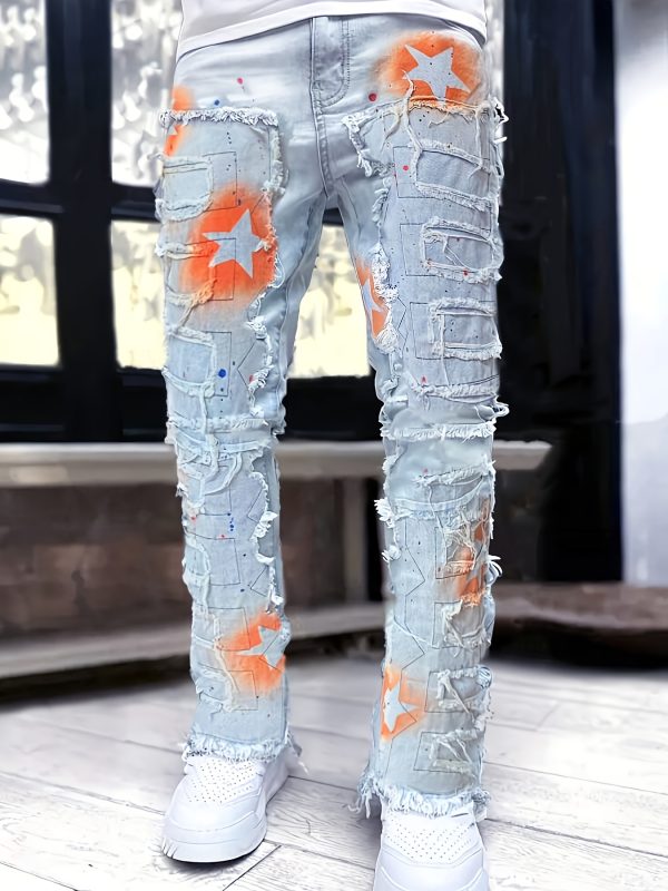 men's fashion creative fringe painted street style jeans