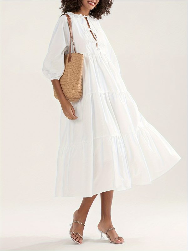 elegant tie front a line midi dress for women long sleeve, round neck, flowy polyester perfect for springu002fsummer