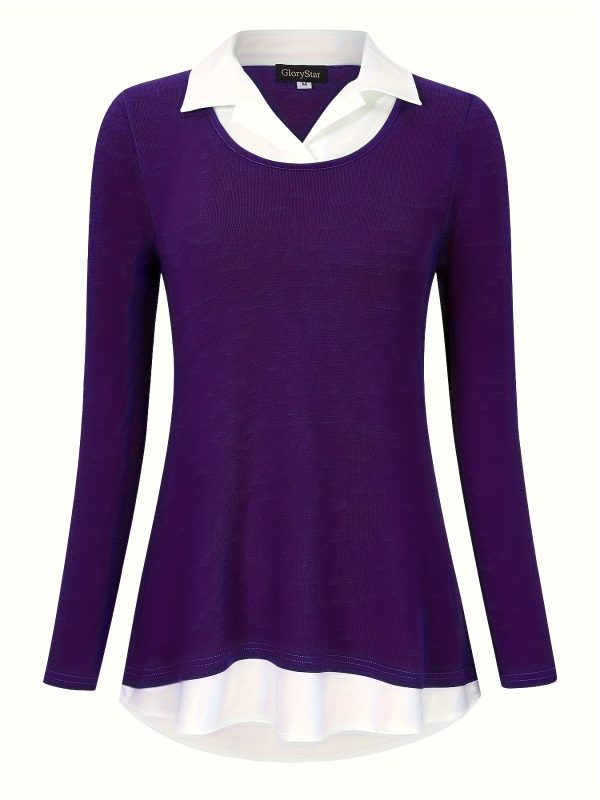 color block lapel neck blouse, casual long sleeve blouse for spring & fall, women's clothing