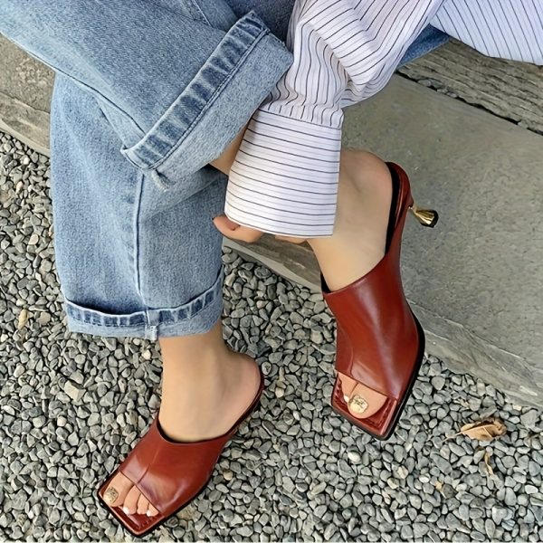 women's square toe stiletto heel sandals slip on mid heel synthetic cover black dress shoes for summer fashion, casual & formal events, high heel sandals