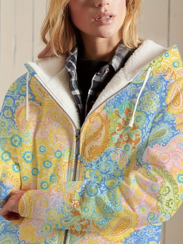 women's full zip hoodie jacket pastel paisley pattern in blue, green, orange, yellow all season outerwear coat machine washable zip up hooded sweatshirt for everyday & formal events, lined comfort